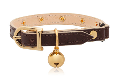 Land of Meow Linny Luxury Cat Collar Chocolate Brown with Gold Studs and Bell Front